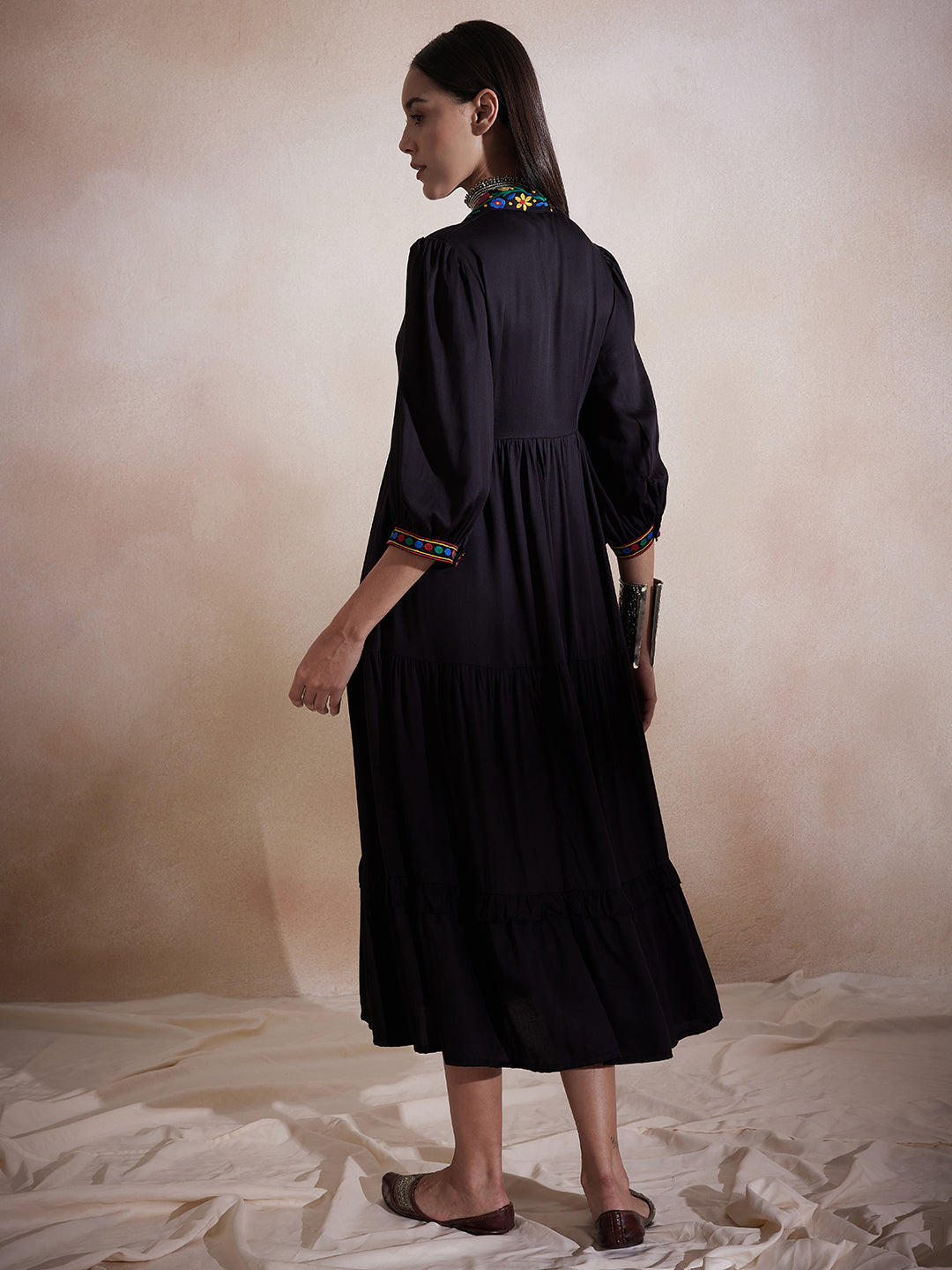 Black Solid Embroidered Collar Maxi Dress