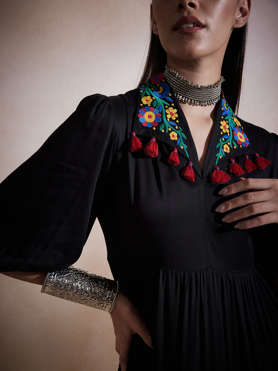 Black Solid Embroidered Collar Maxi Dress
