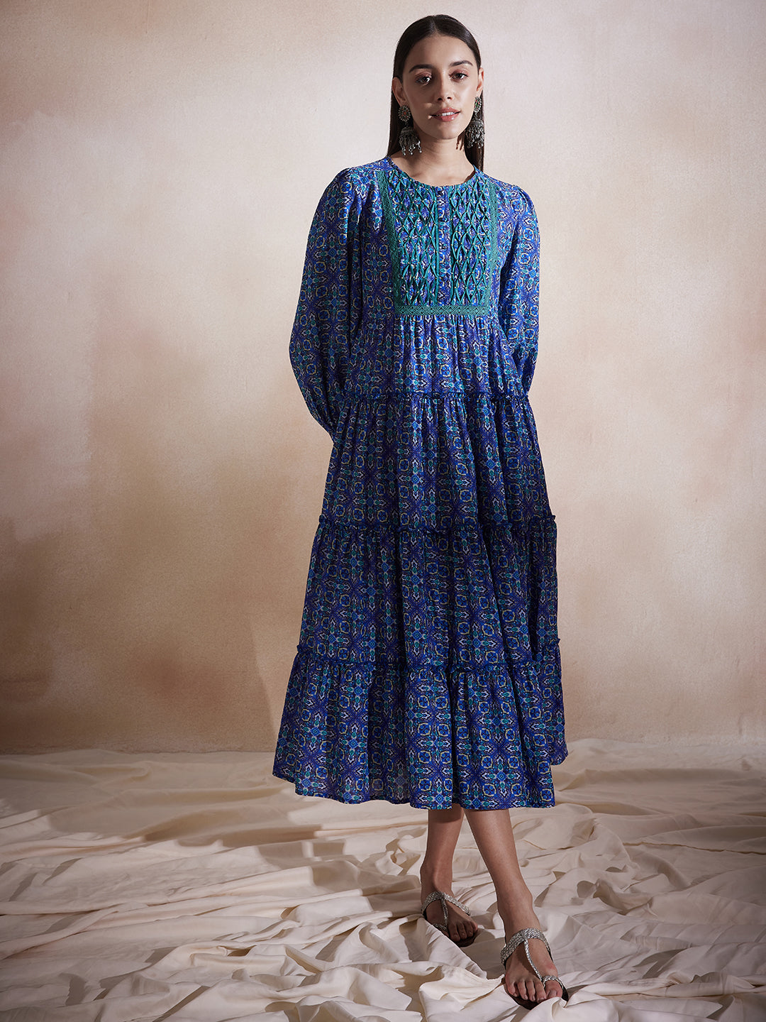 Blue Geometric Printed Tuck Detail Maxi Dress