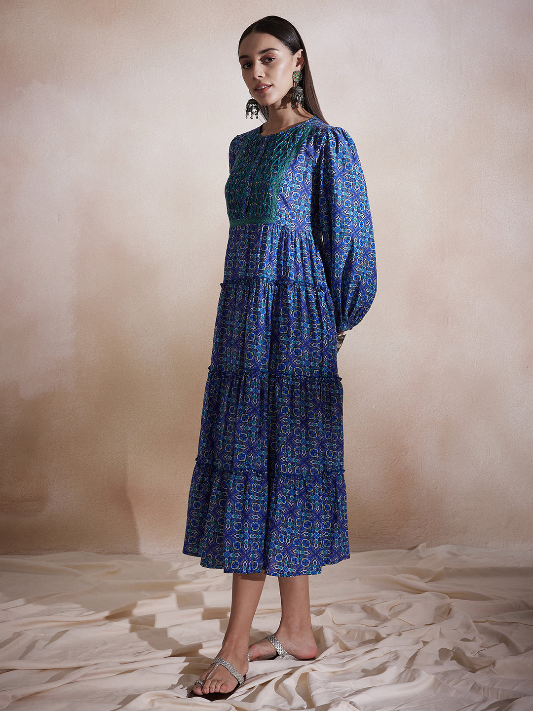 Blue Geometric Printed Tuck Detail Maxi Dress