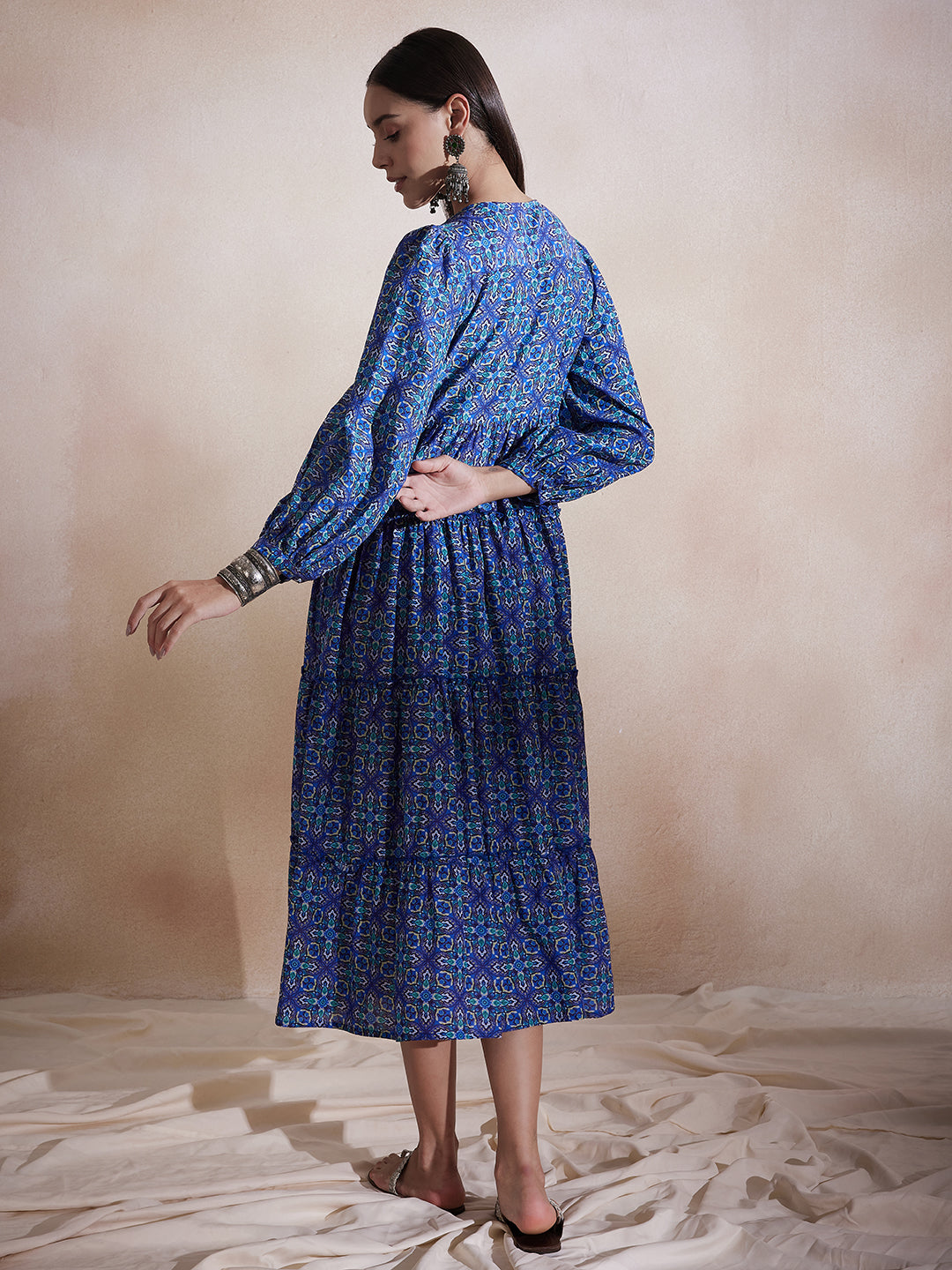 Blue Geometric Printed Tuck Detail Maxi Dress