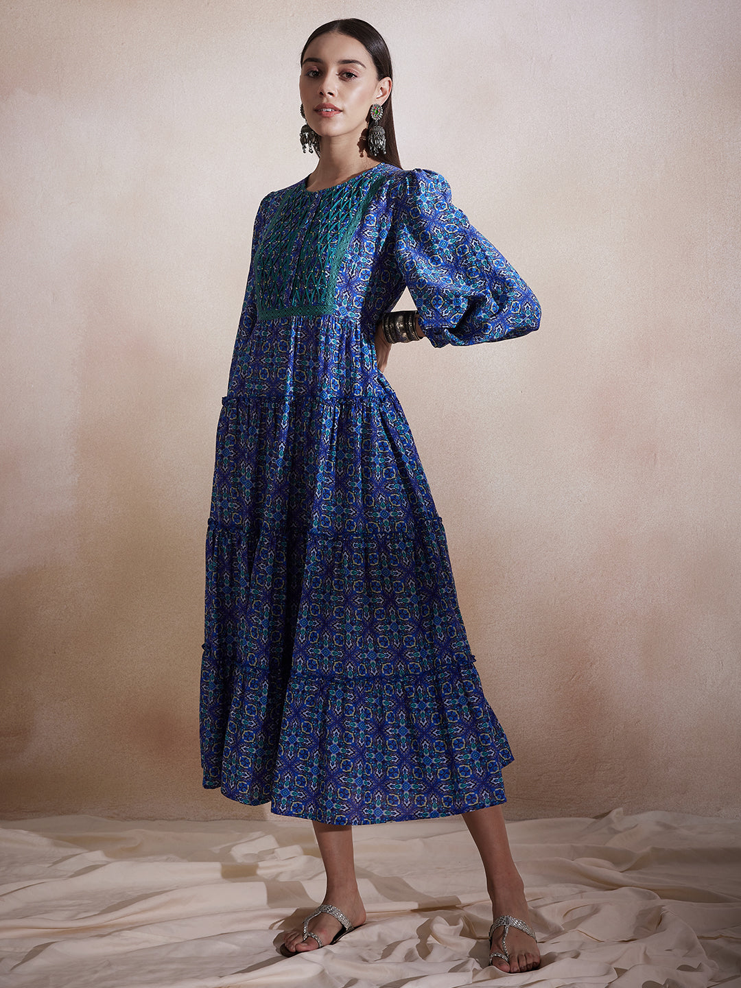 Blue Geometric Printed Tuck Detail Maxi Dress