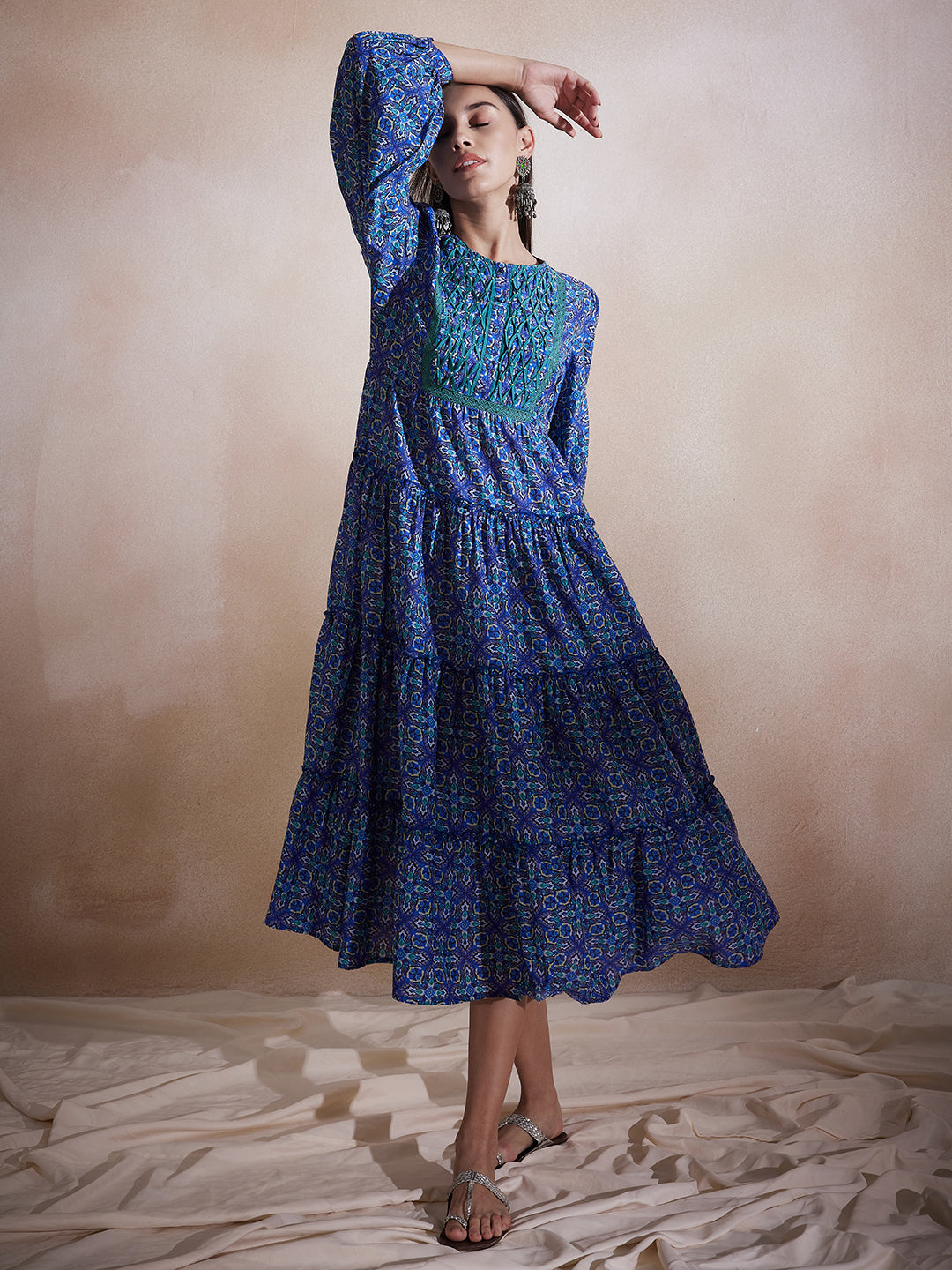 Blue Geometric Printed Tuck Detail Maxi Dress