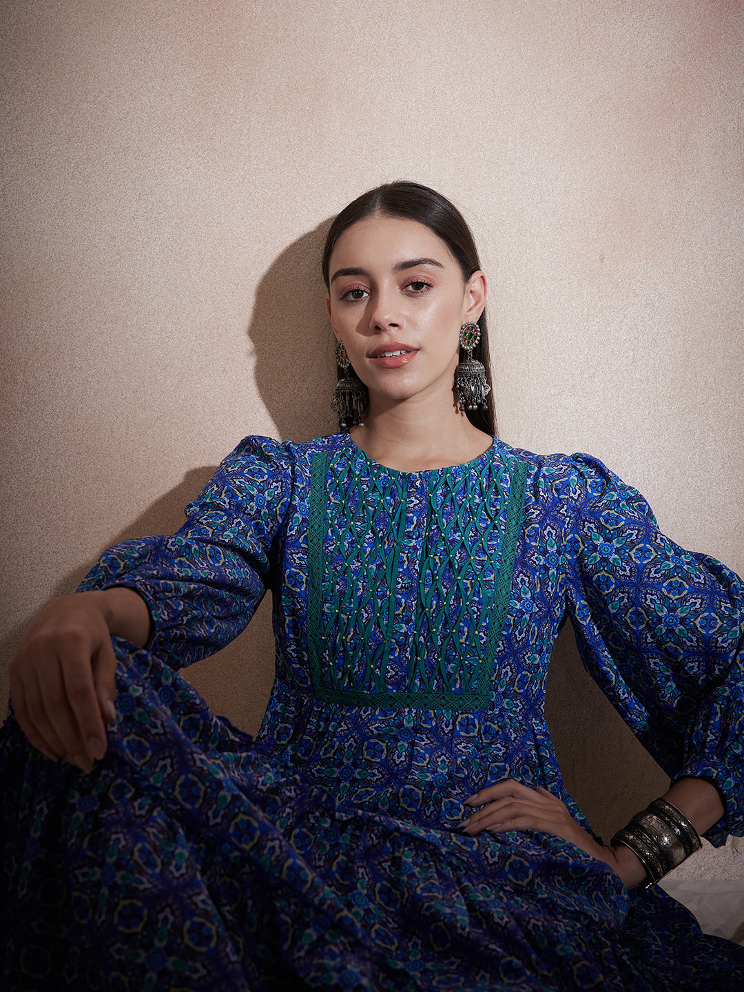 Blue Geometric Printed Tuck Detail Maxi Dress