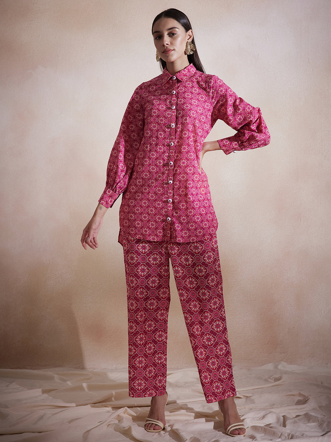 Pink Tile Printed Button Down Co-Ord Set