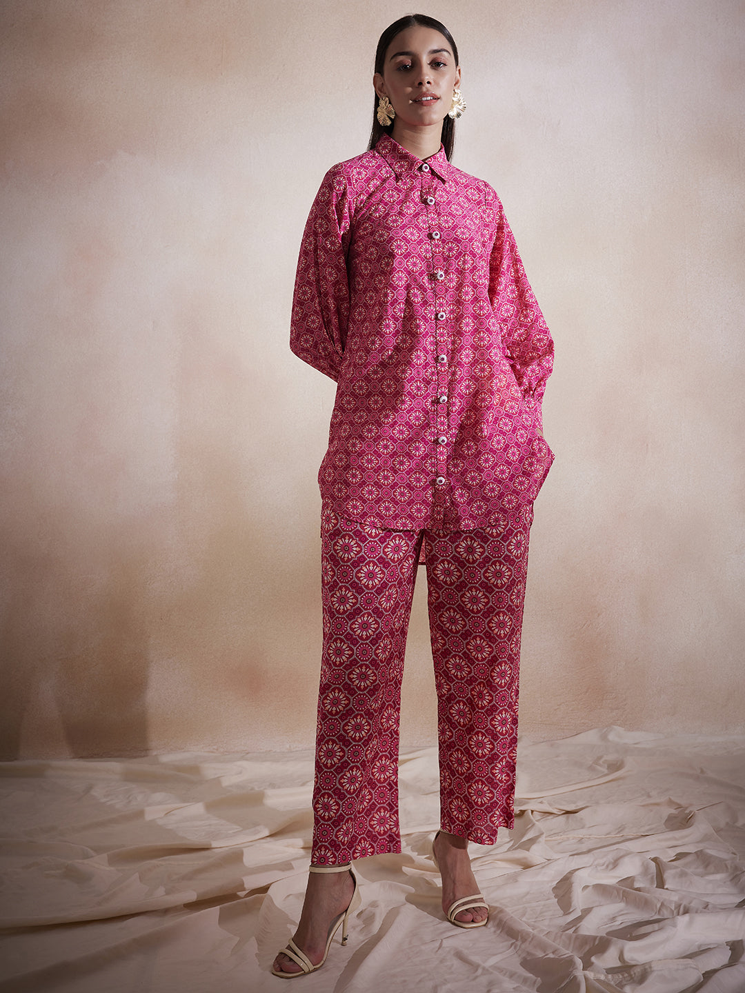 Pink Tile Printed Button Down Co-Ord Set