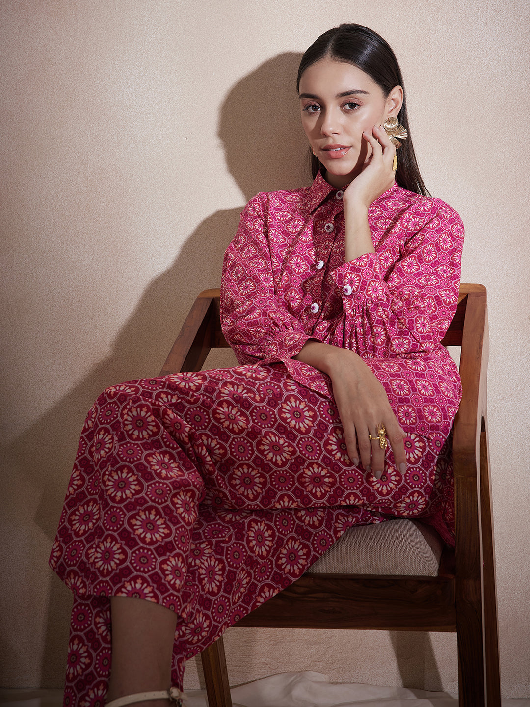 Pink Tile Printed Button Down Co-Ord Set