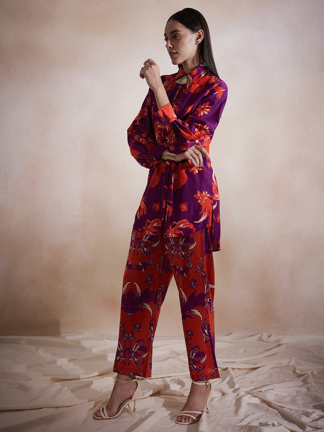Purple Floral Printed Button Down Co-Ord Set