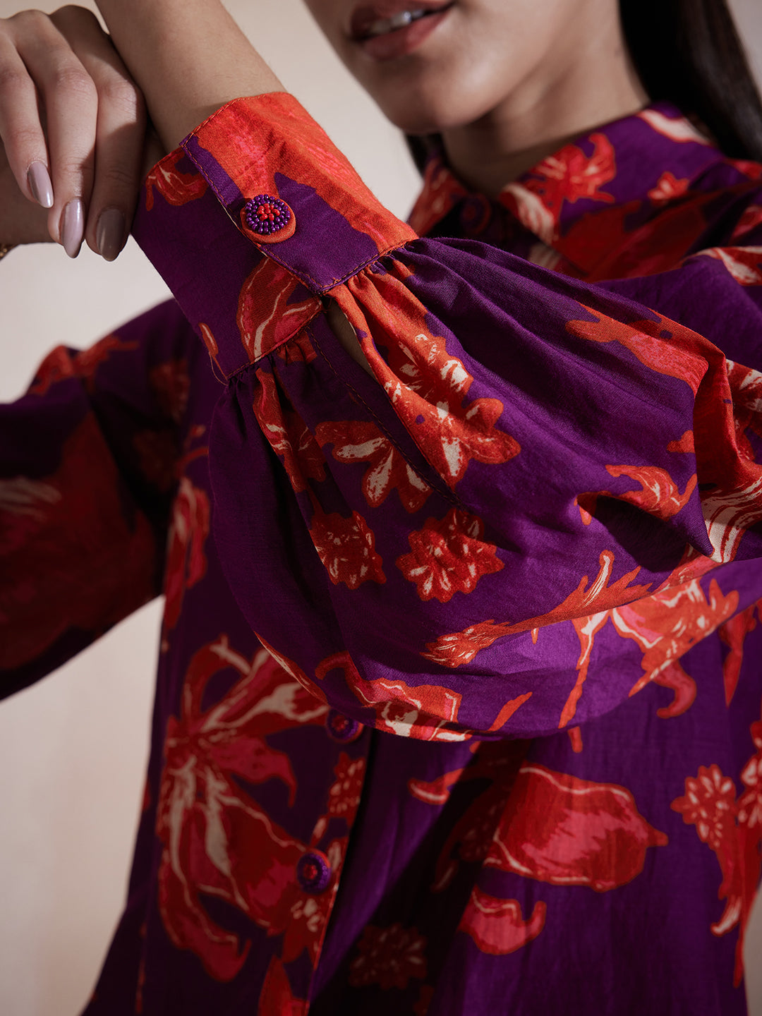 Purple Floral Printed Button Down Co-Ord Set