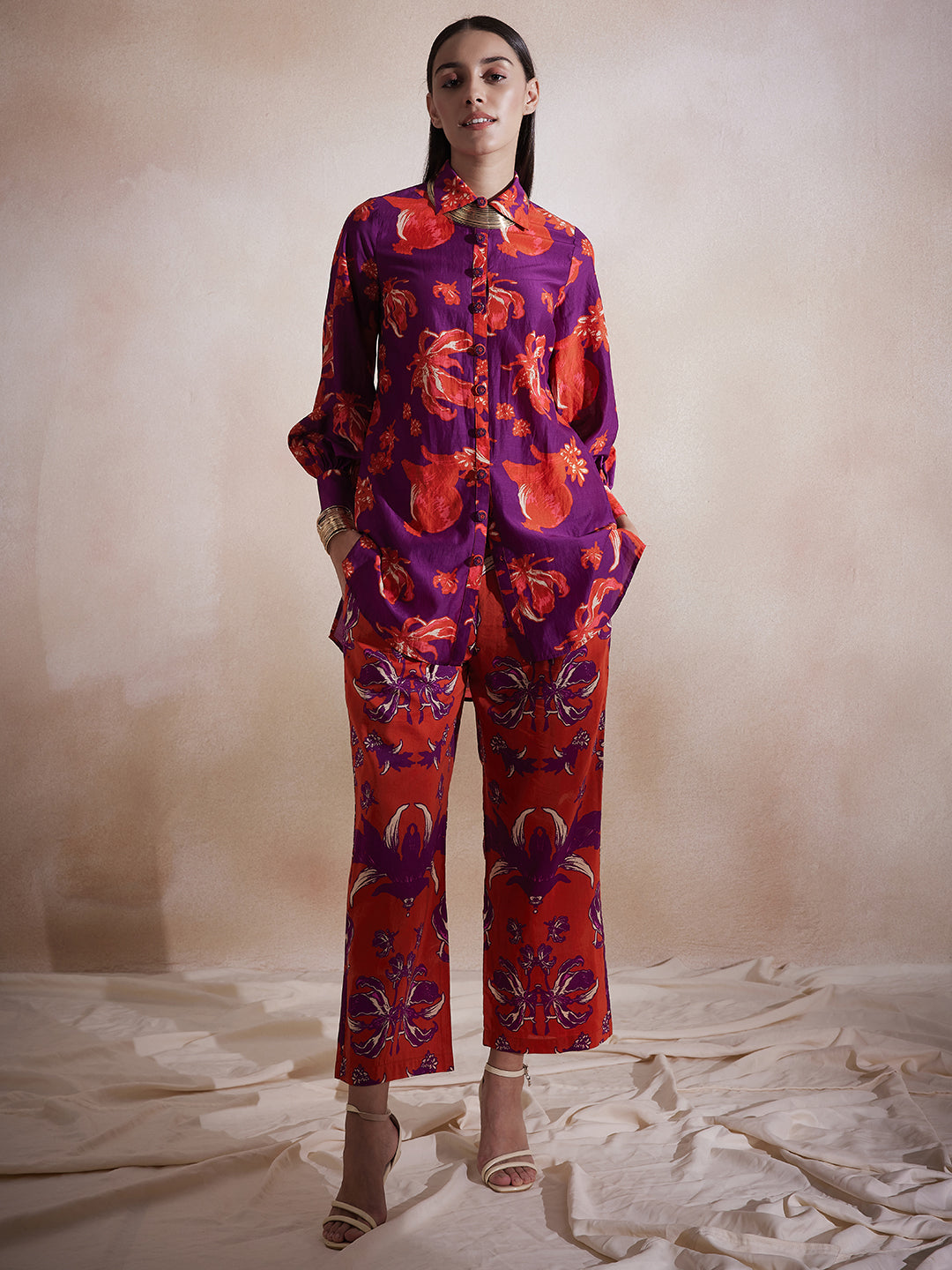 Purple Floral Printed Button Down Co-Ord Set