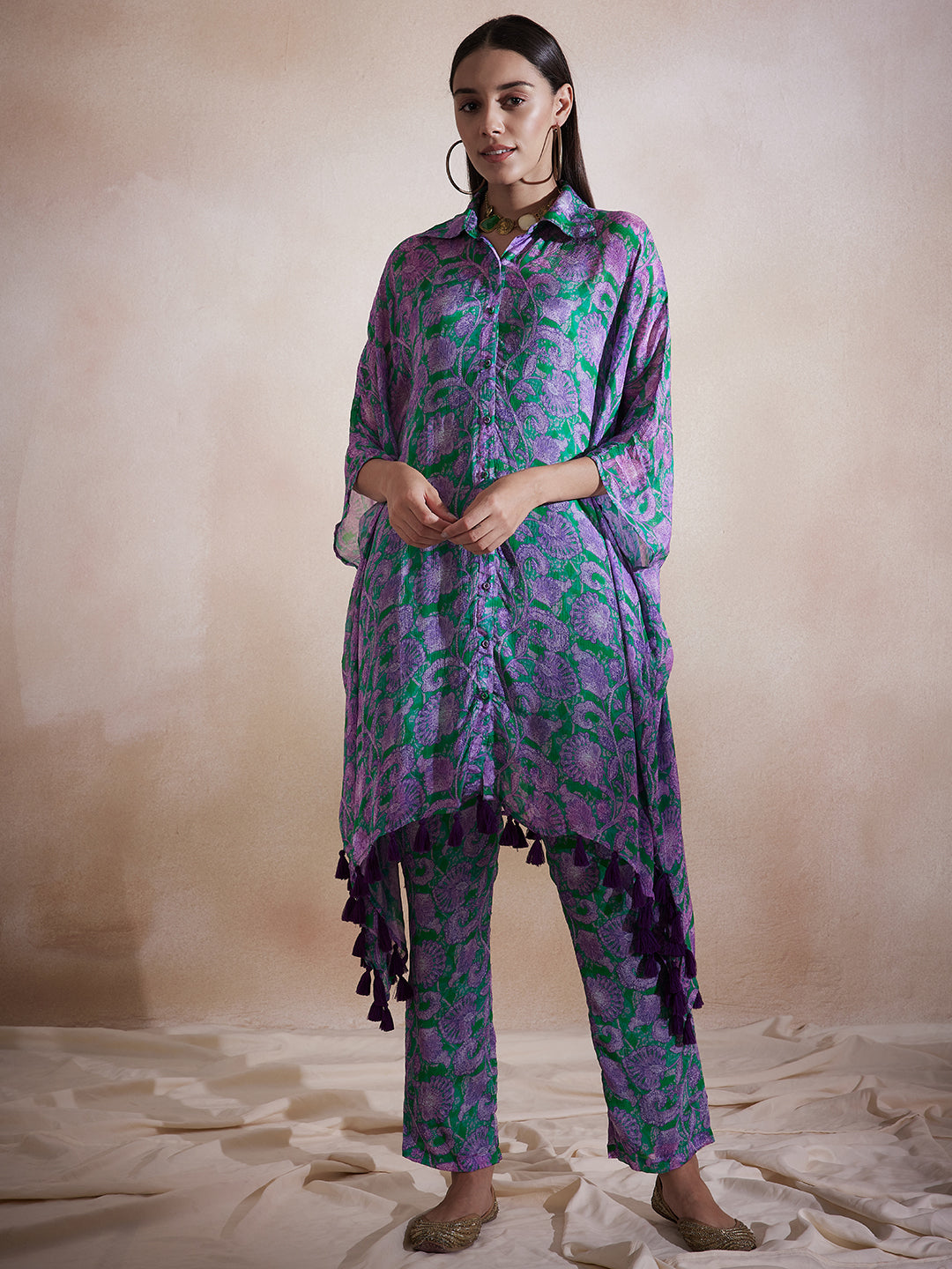 Purple Floral Tassel Detail Kaftan Co-Ord Set