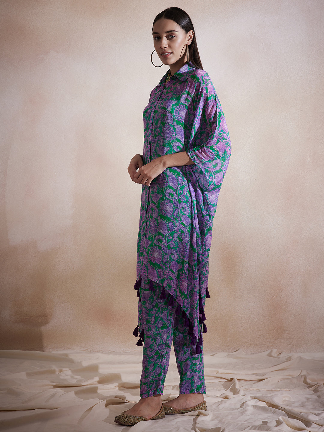 Purple Floral Tassel Detail Kaftan Co-Ord Set