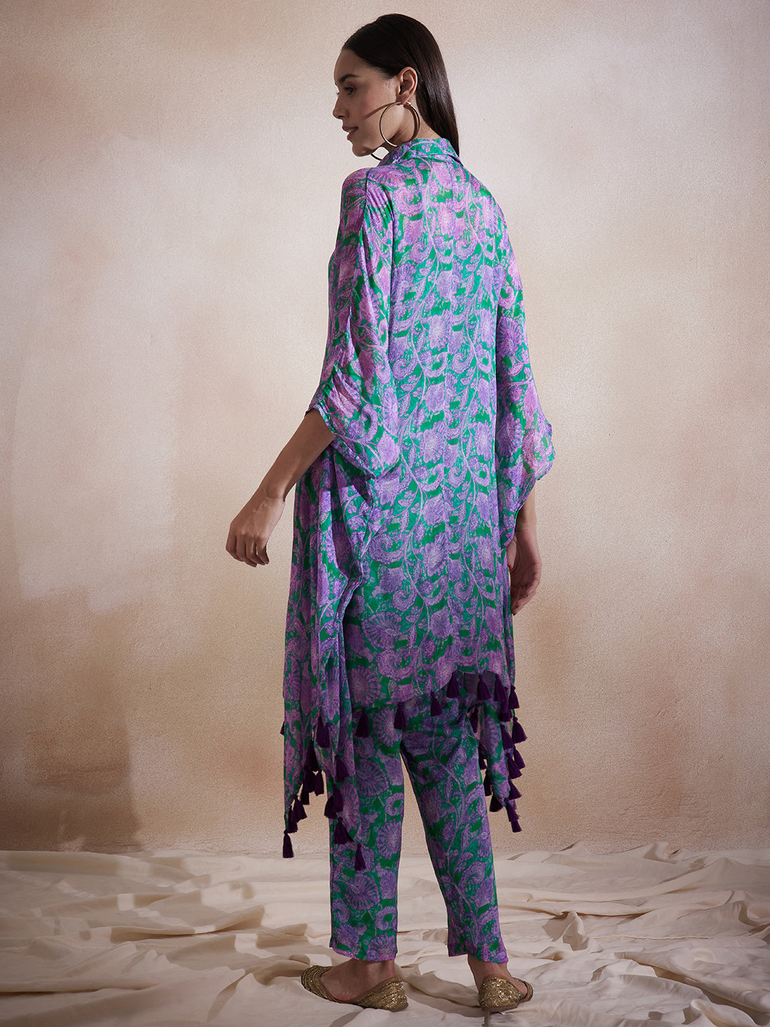 Purple Floral Tassel Detail Kaftan Co-Ord Set
