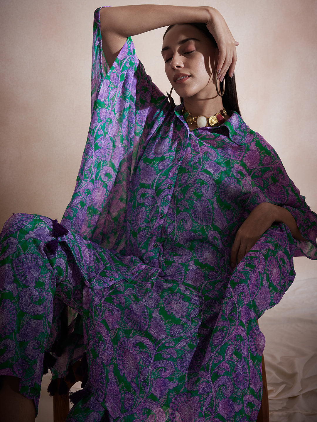 Purple Floral Tassel Detail Kaftan Co-Ord Set