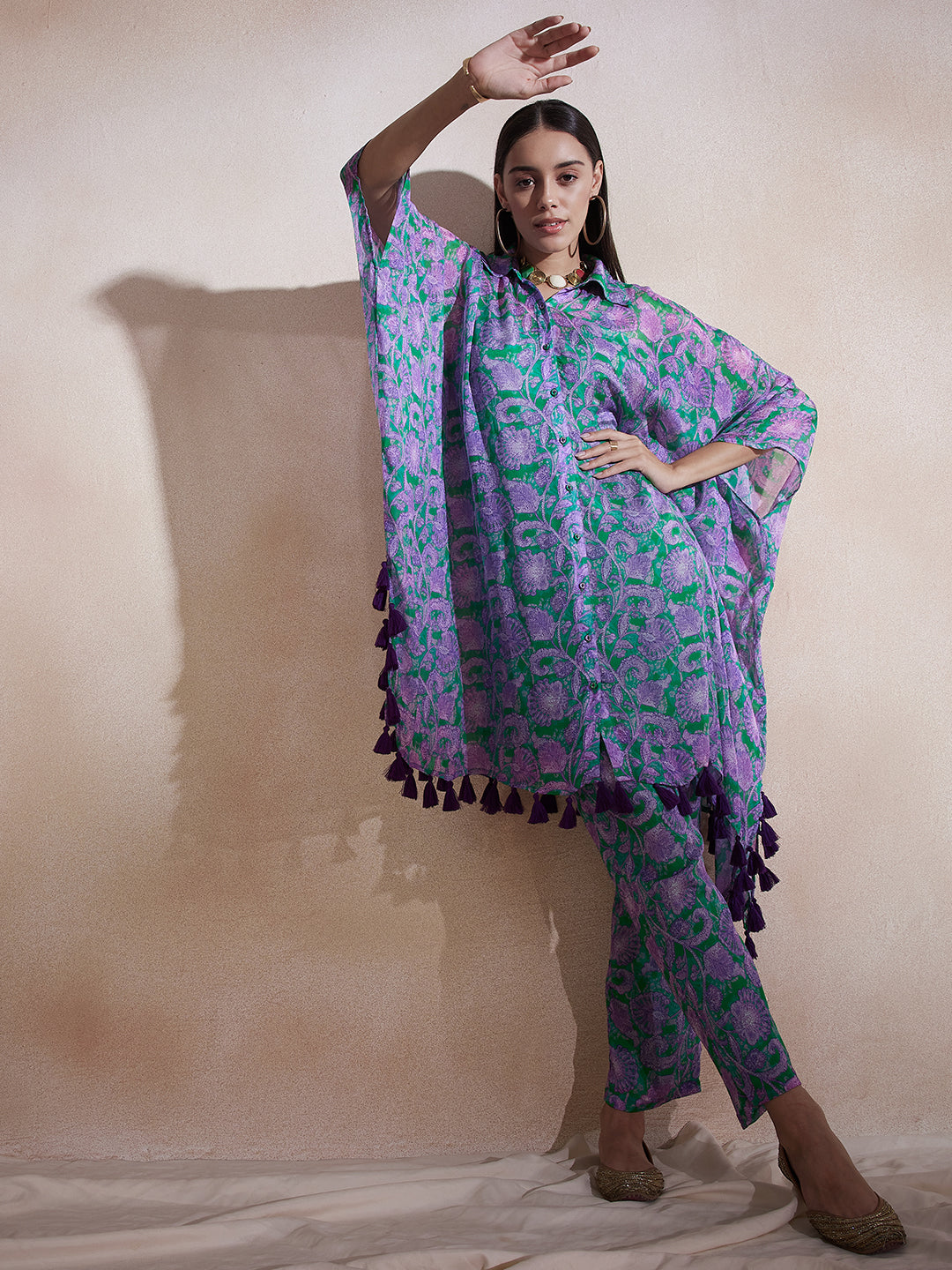 Purple Floral Tassel Detail Kaftan Co-Ord Set