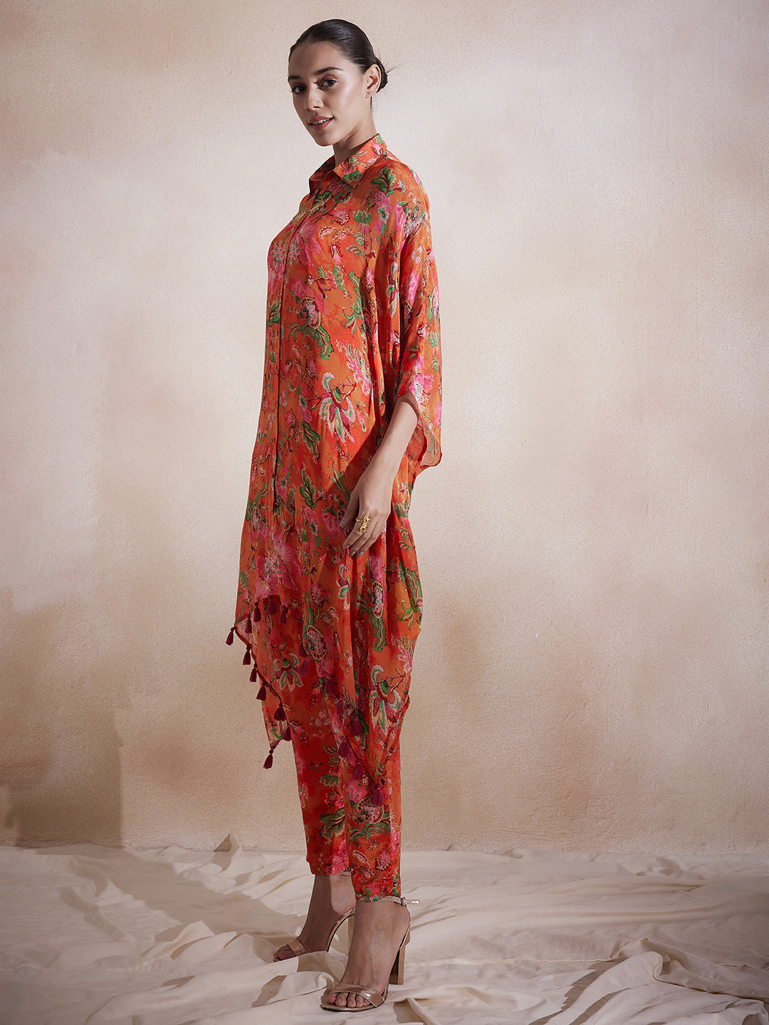 Orange Floral Tassel Detail Kaftan Co-Ord Set