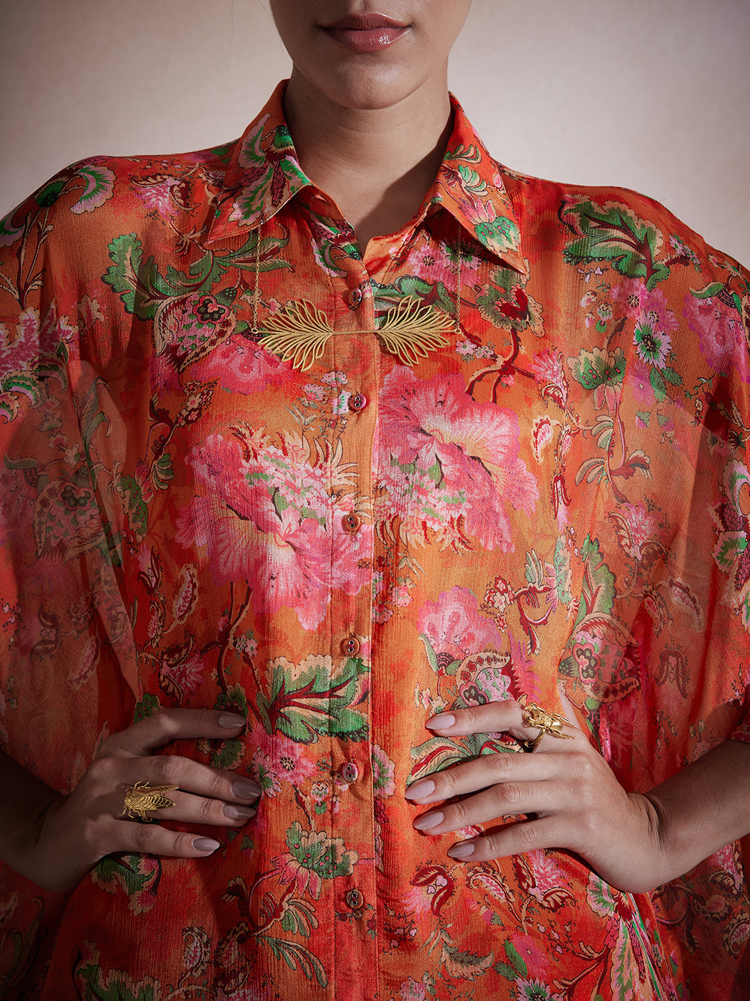 Orange Floral Tassel Detail Kaftan Co-Ord Set