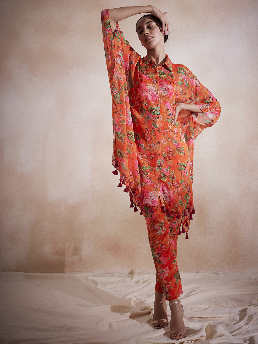 Orange Floral Tassel Detail Kaftan Co-Ord Set