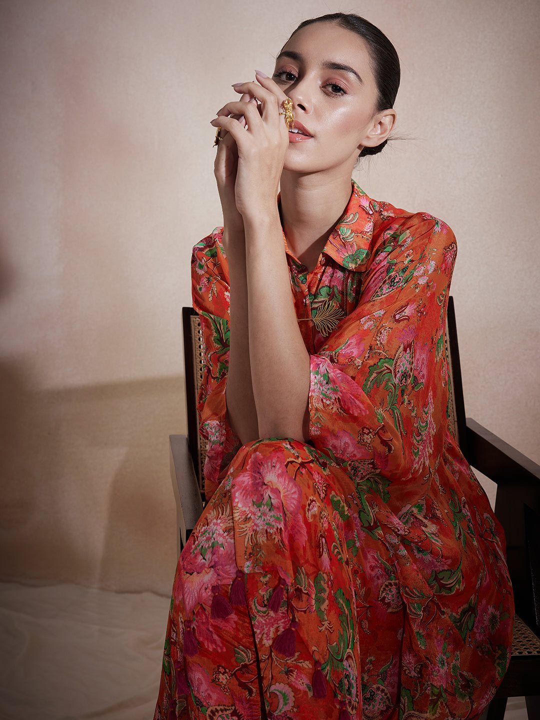 Orange Floral Tassel Detail Kaftan Co-Ord Set