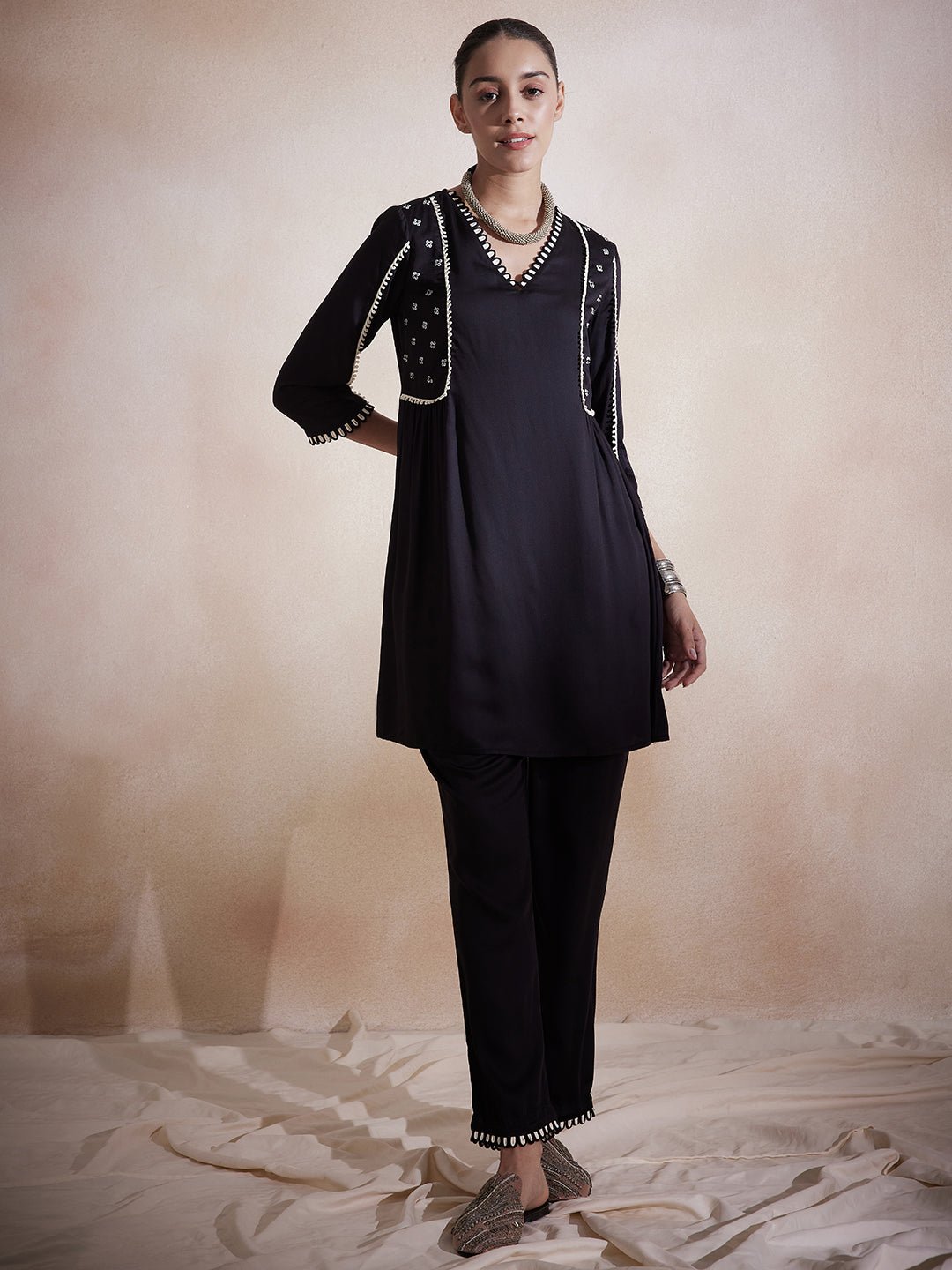 Black Solid Embellished Co-Ord Set