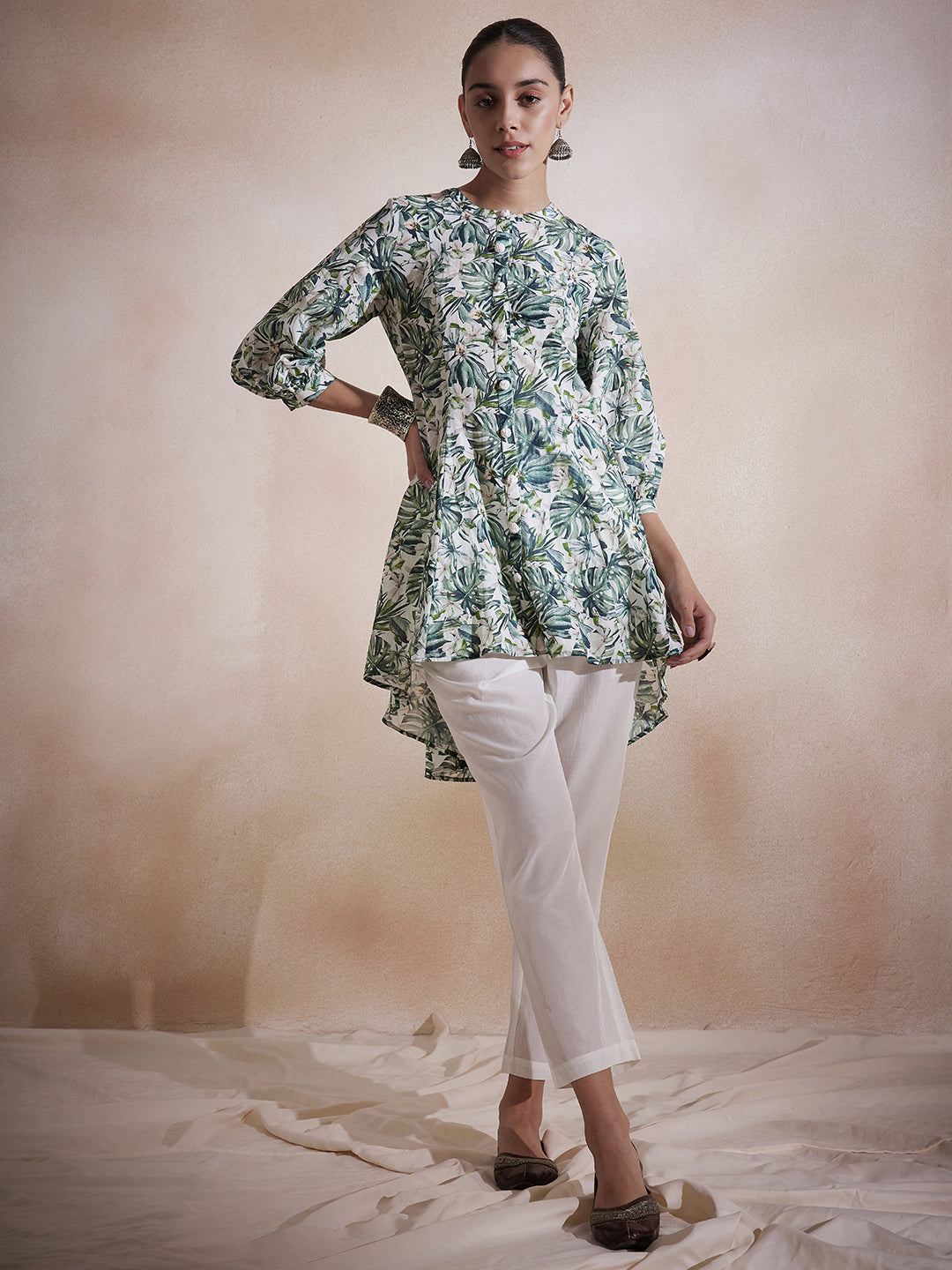 Green Leaf Printed High Low Co-Ord Set