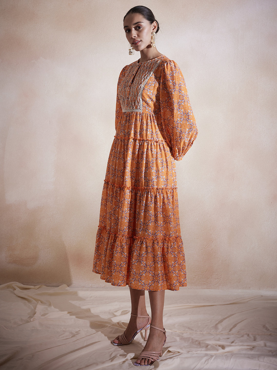 Orange Geometric Printed Tuck Detail Maxi Dress