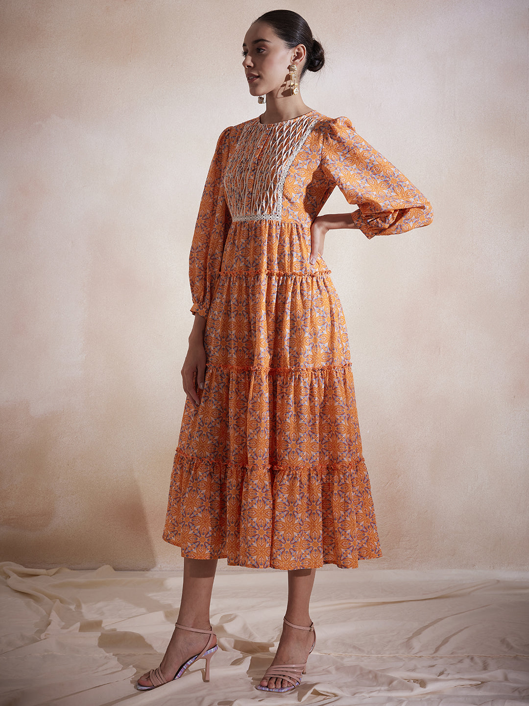 Orange Geometric Printed Tuck Detail Maxi Dress