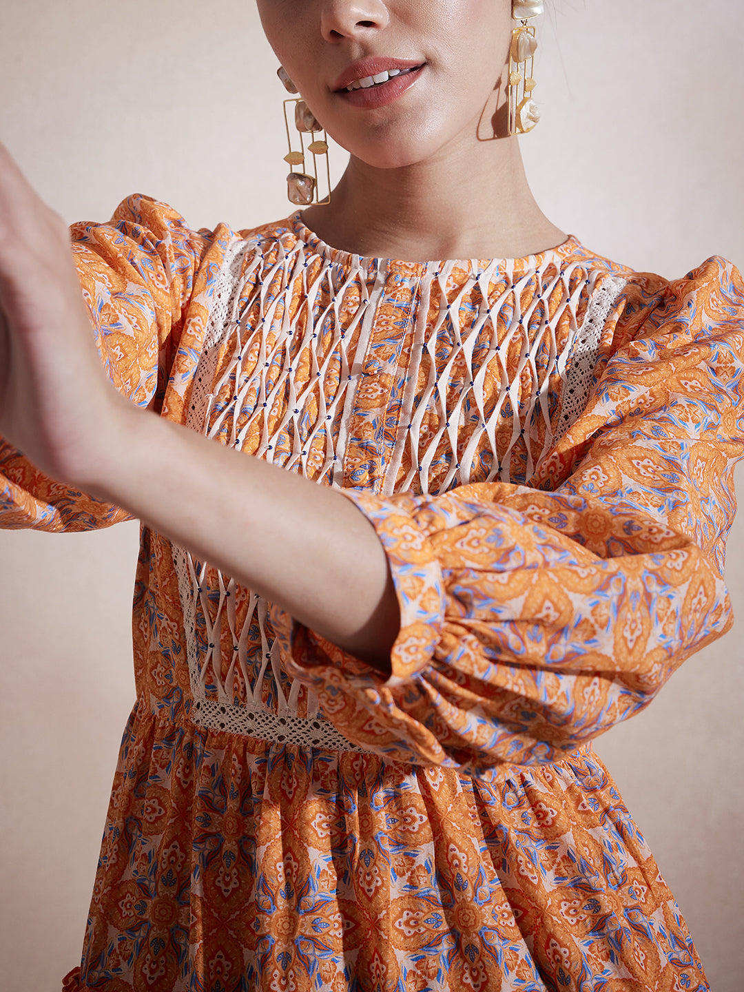 Orange Geometric Printed Tuck Detail Maxi Dress