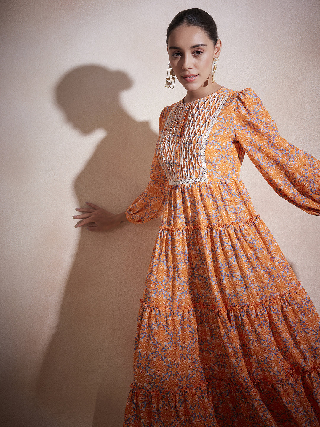 Orange Geometric Printed Tuck Detail Maxi Dress