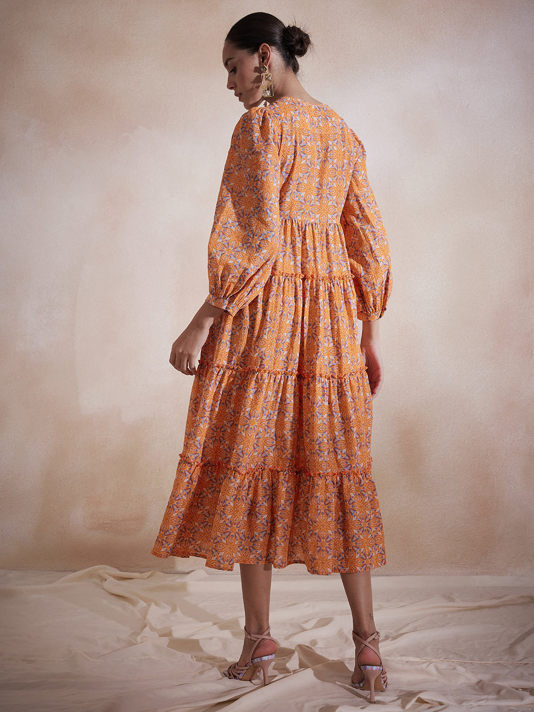 Orange Geometric Printed Tuck Detail Maxi Dress