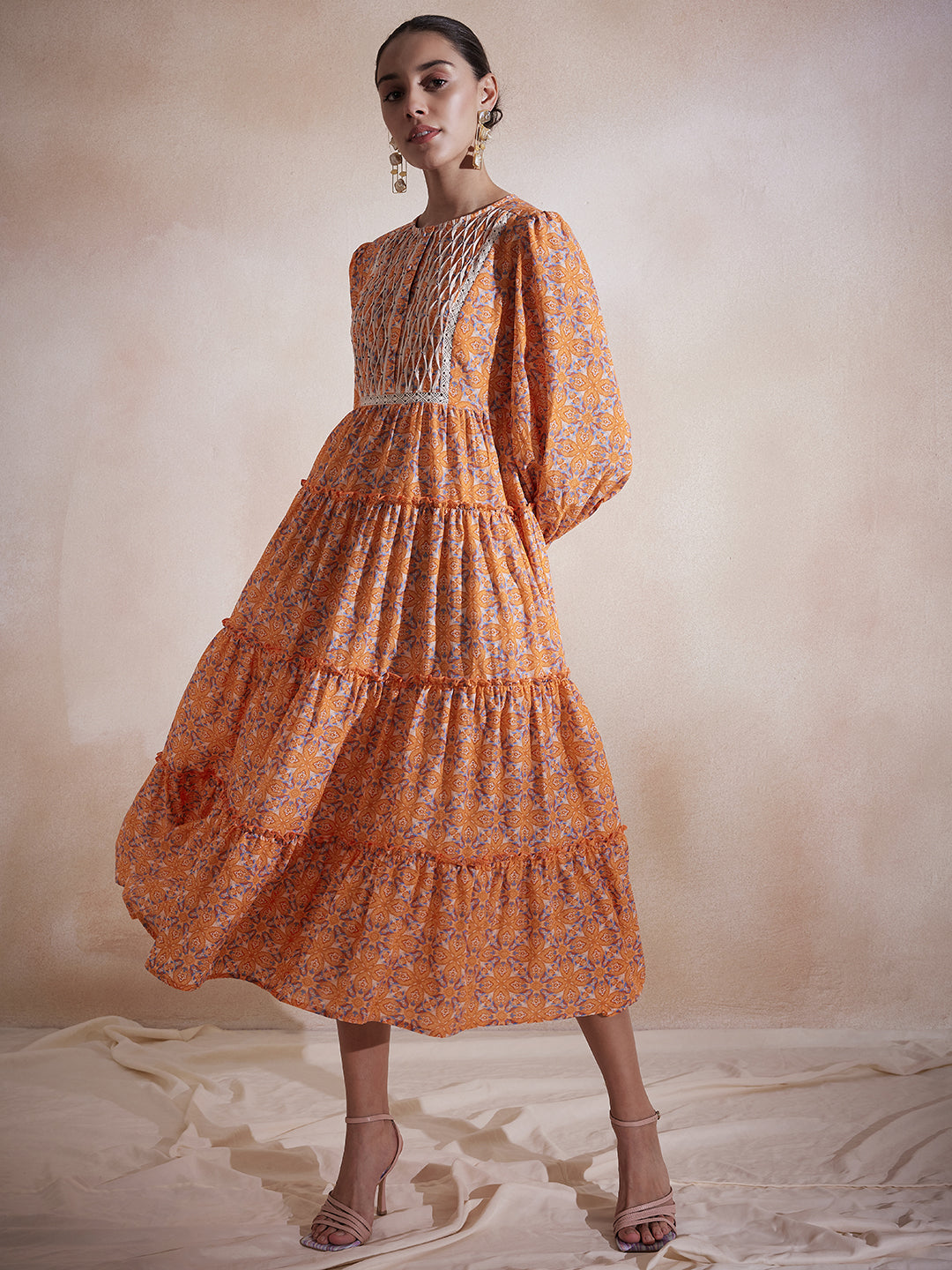 Orange Geometric Printed Tuck Detail Maxi Dress