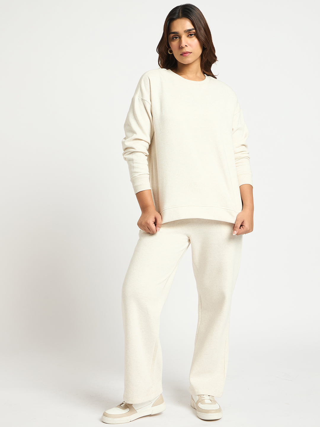 Oat Melange Crew Neck Fleece Sweatshirt