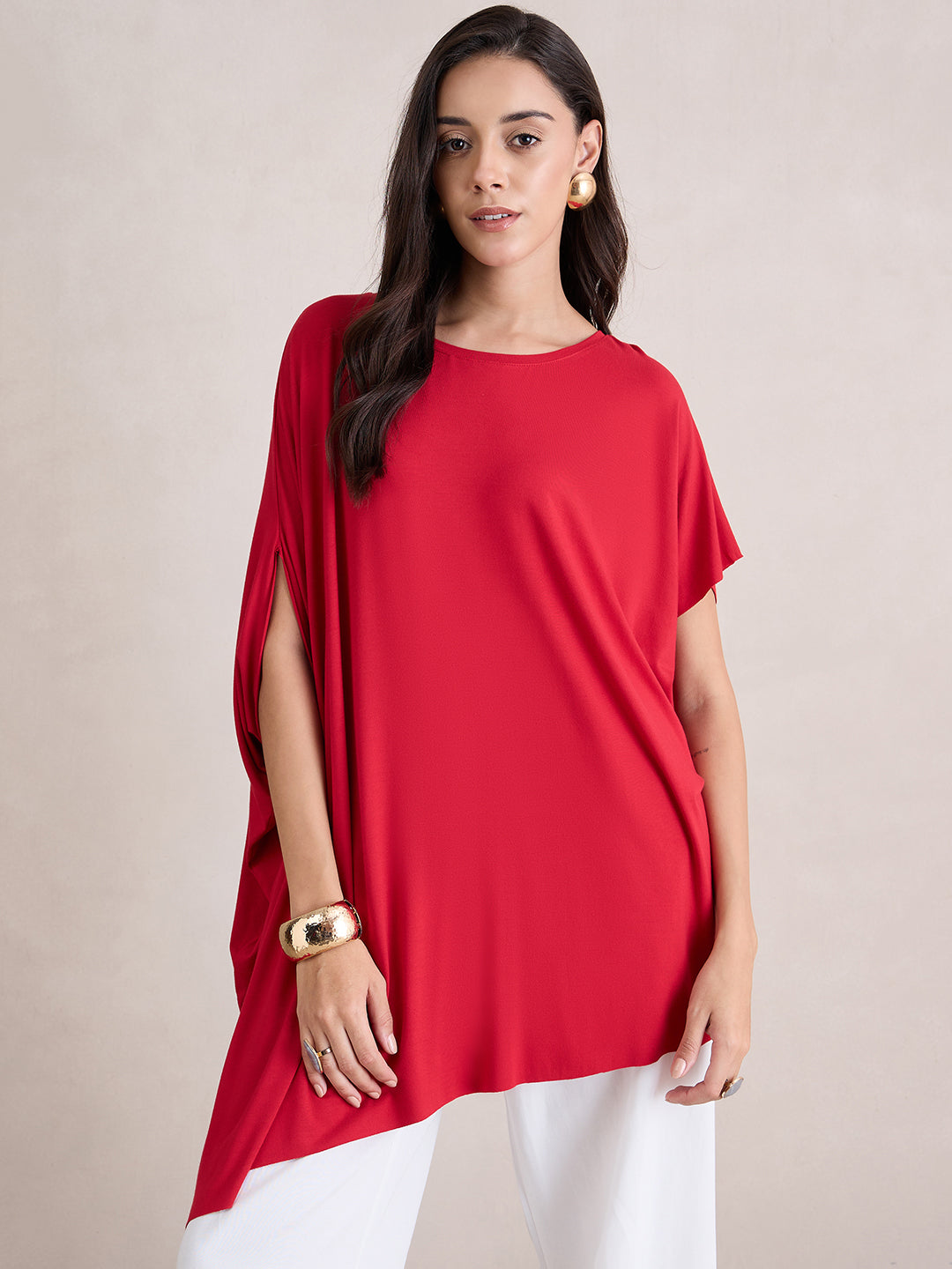 Bamboo Red Knit Oversize Asymmetrical Top