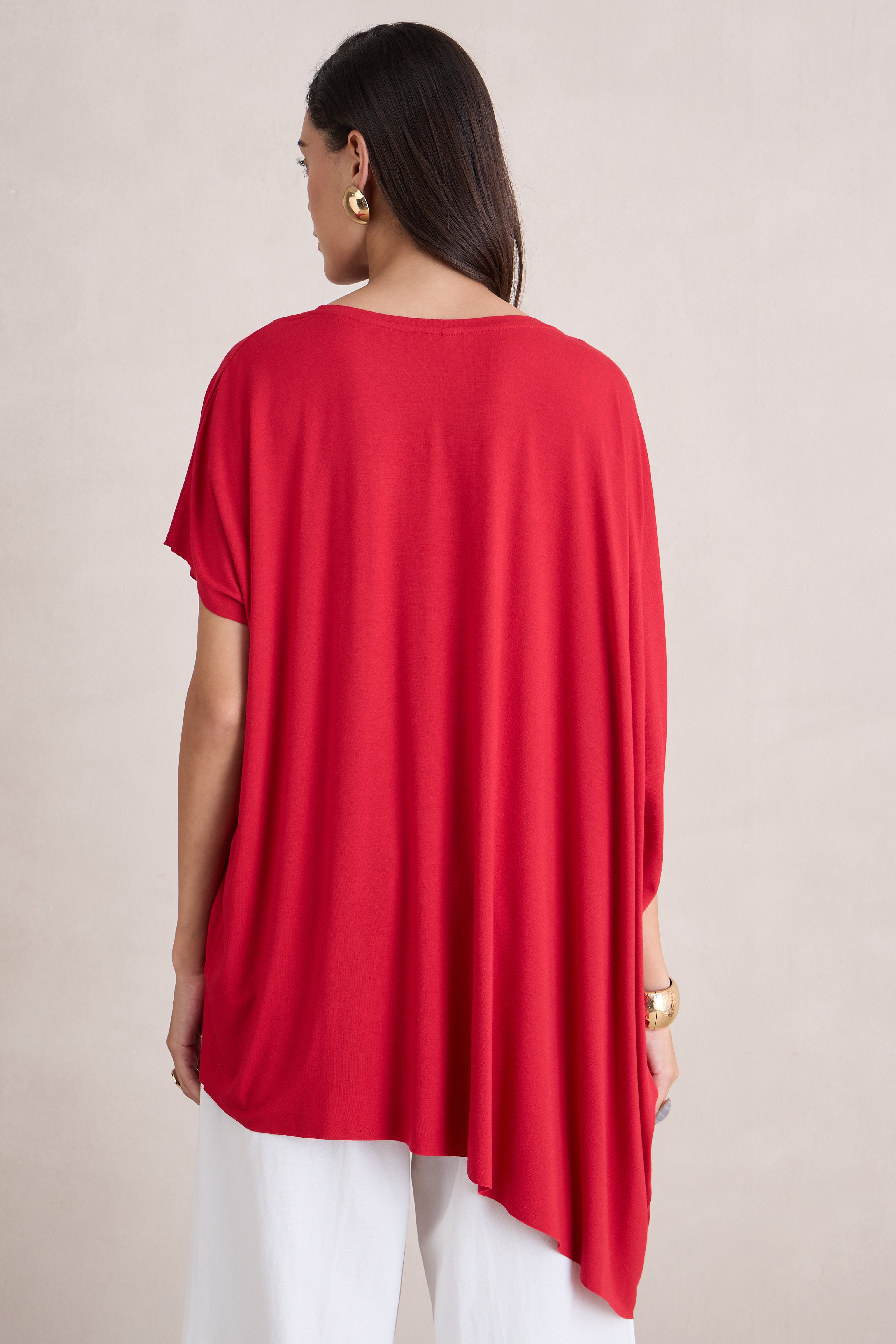 Bamboo Red Knit Oversize Asymmetrical Top