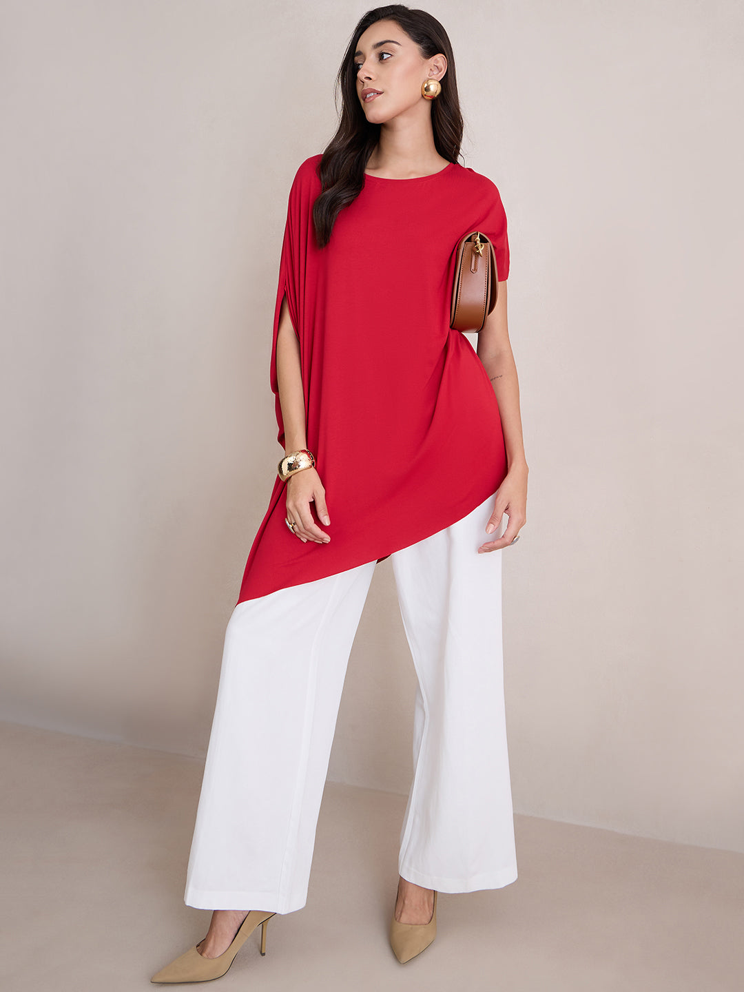 Bamboo Red Knit Oversize Asymmetrical Top