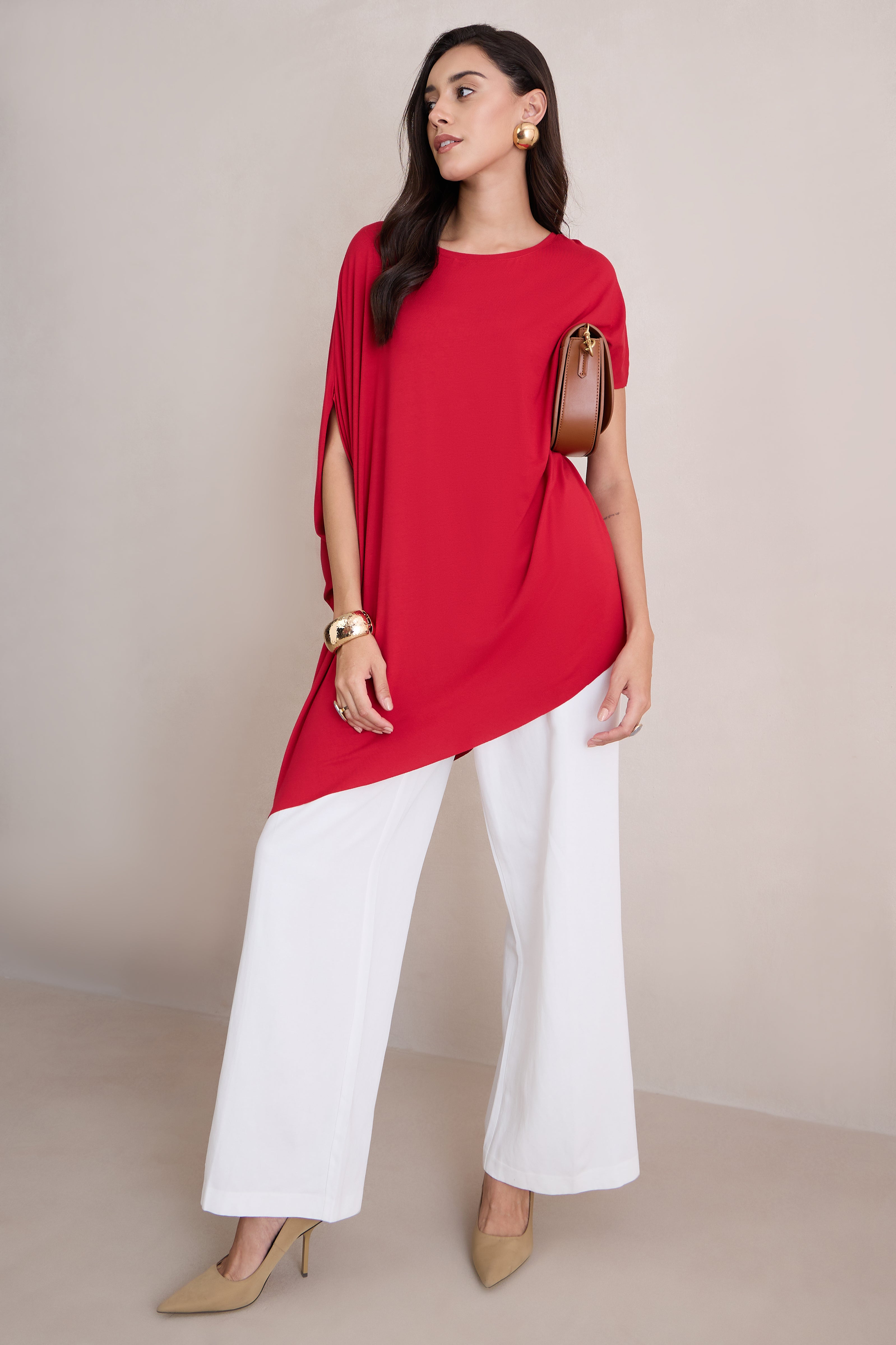 Bamboo Red Knit Oversize Asymmetrical Top