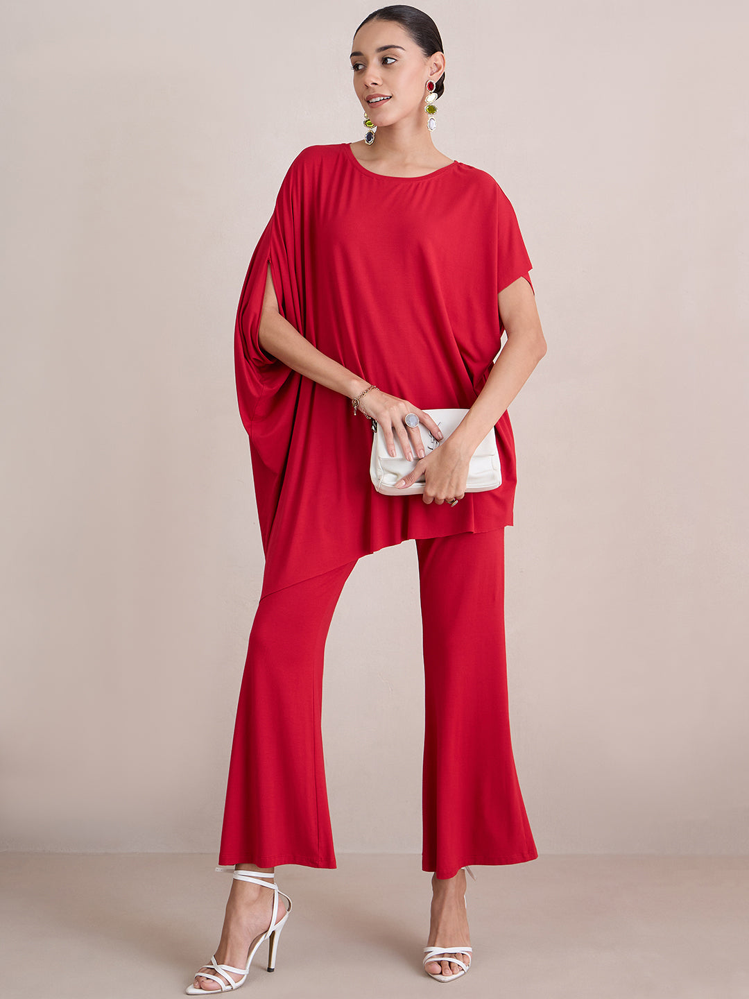 Bamboo Red Knit Oversize Asymmetrical Top