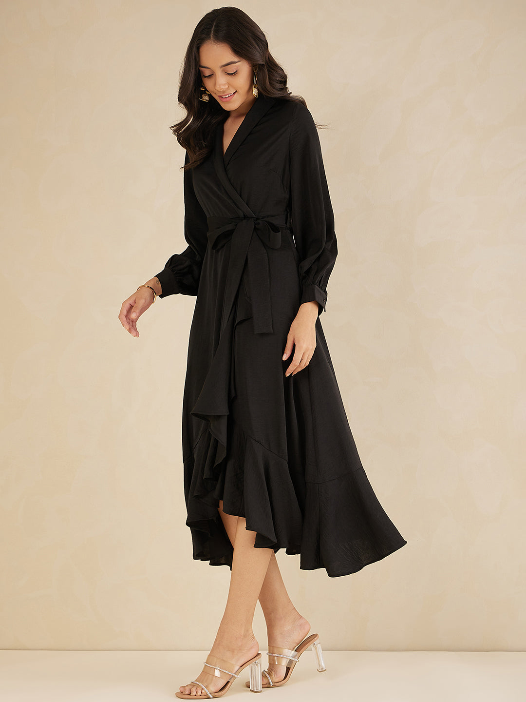 Black Shawl Collar Belted Wrap Maxi Dress