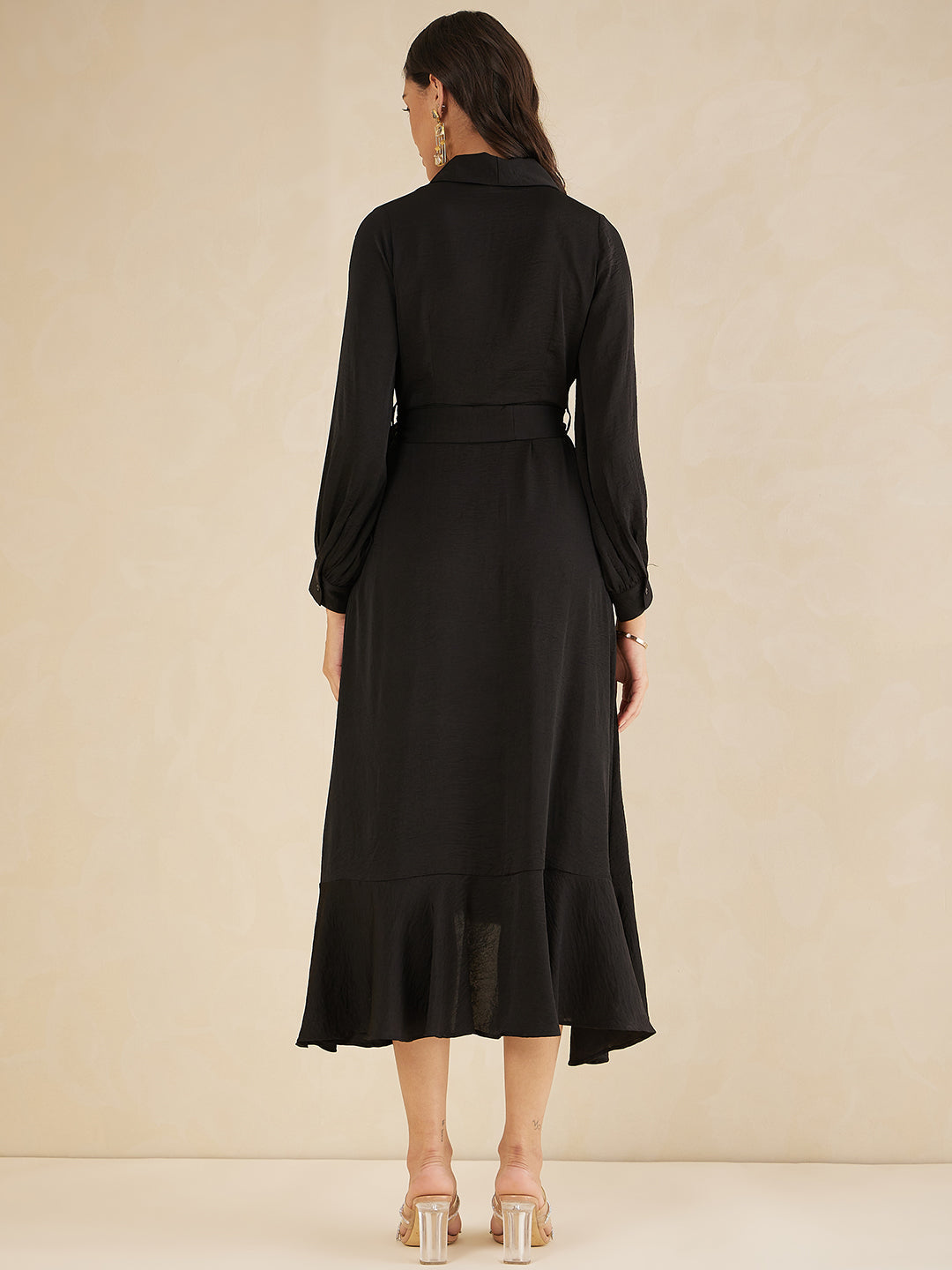 Black Shawl Collar Belted Wrap Maxi Dress