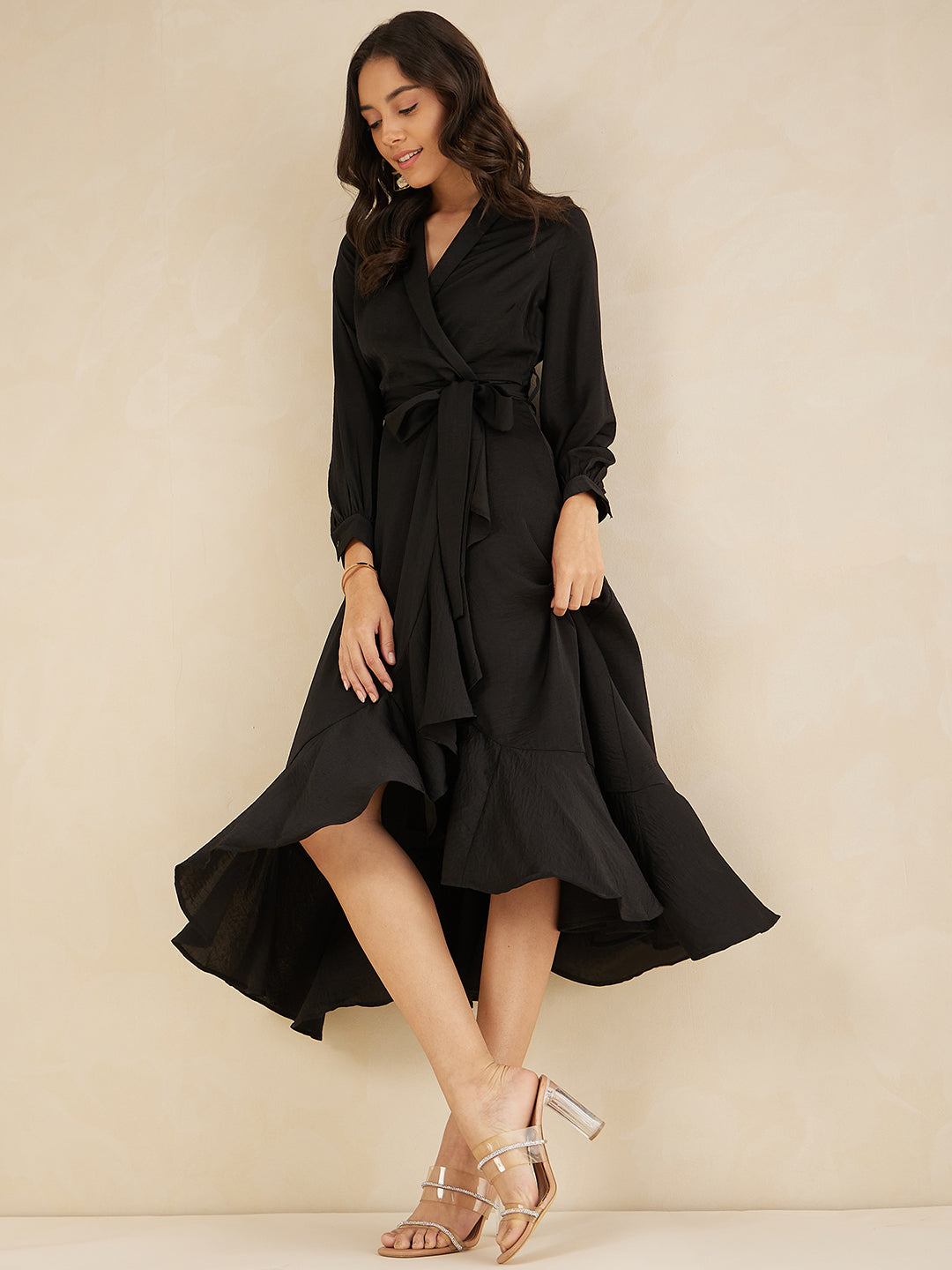 Black Shawl Collar Belted Wrap Maxi Dress