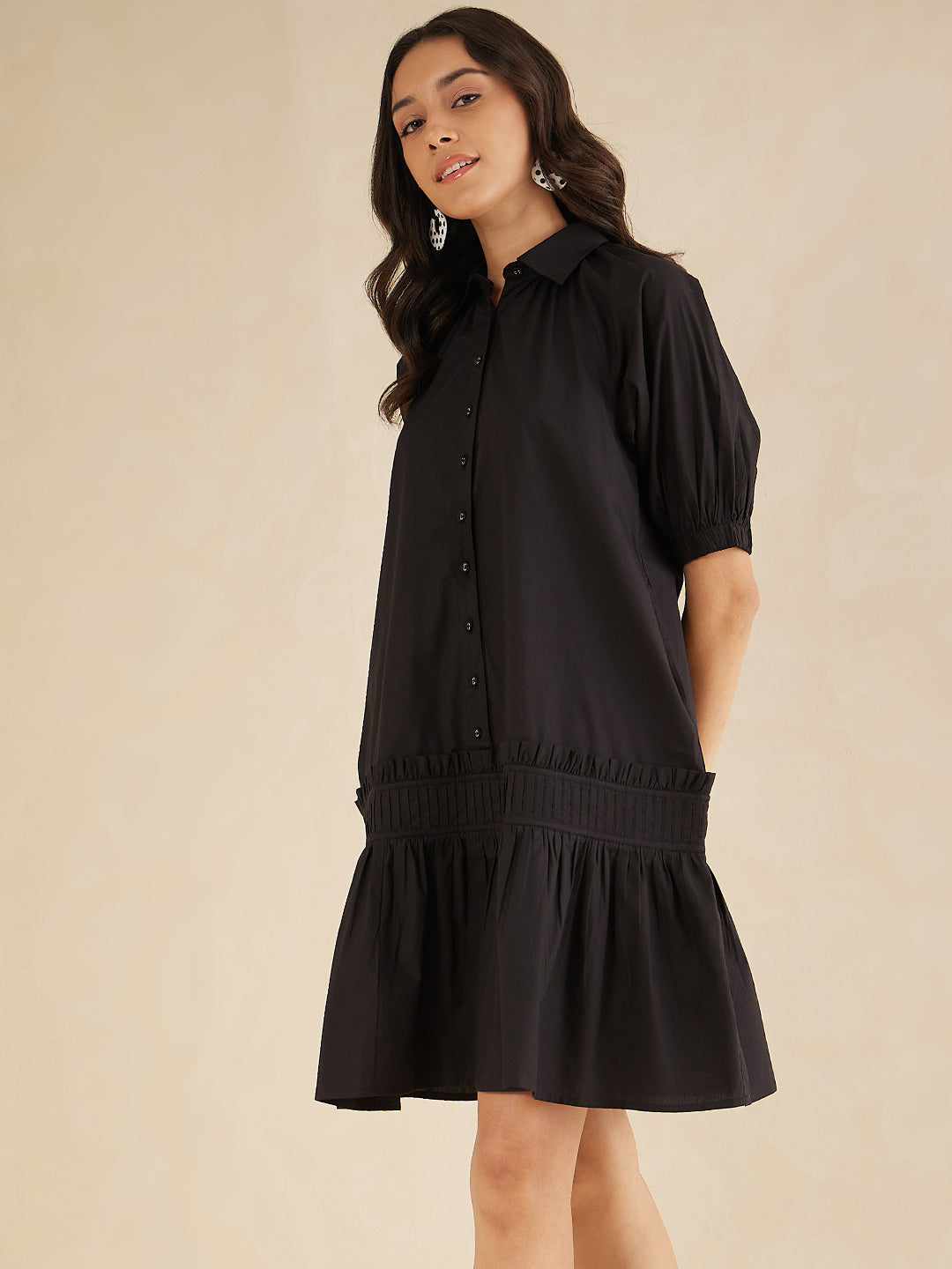 Black Cotton Poplin Shirt Collar Knee Length Dress