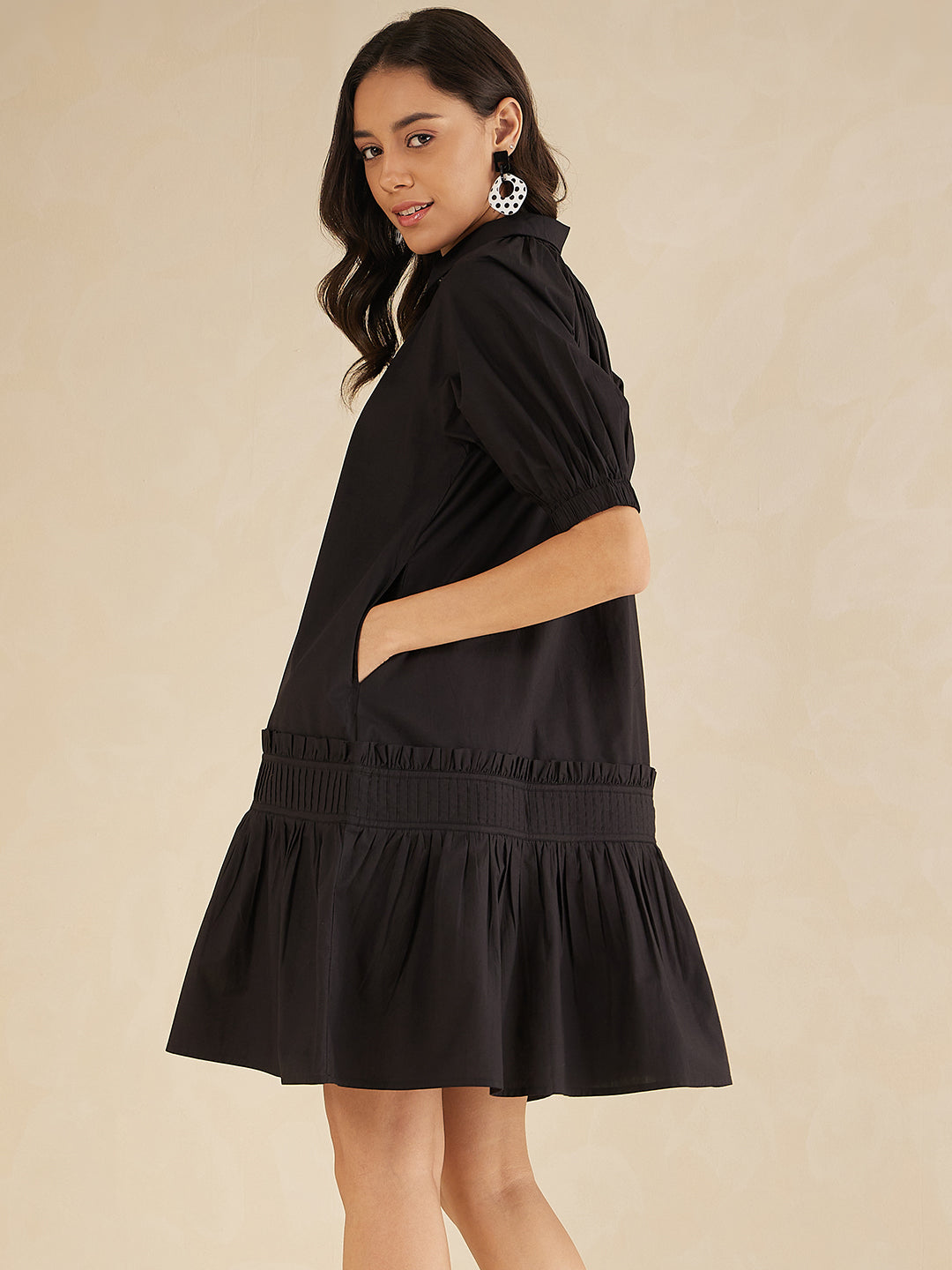 Black Cotton Poplin Shirt Collar Knee Length Dress