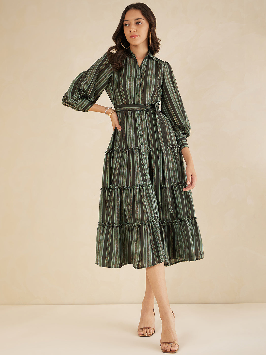 Green Bold  Stripes Printed Tiered Maxi Shirt Dress