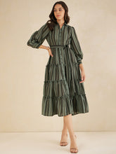 Green Bold Stripes Printed Tiered Maxi Shirt Dress