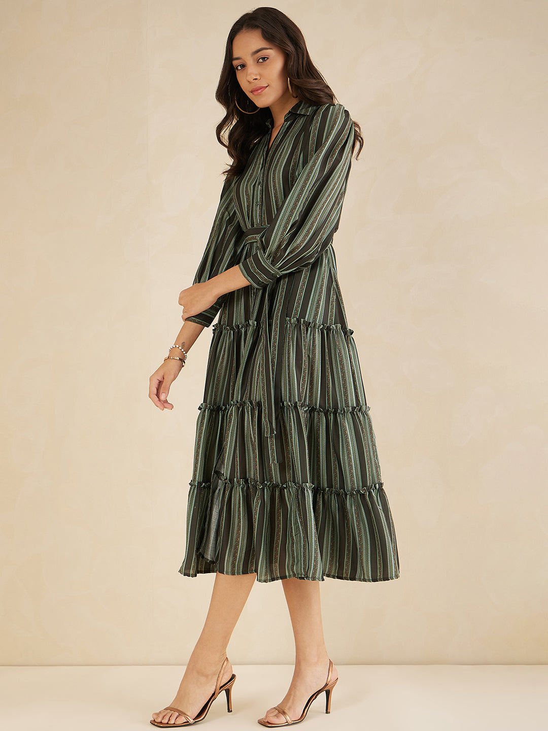 Green Bold Stripes Printed Tiered Maxi Shirt Dress