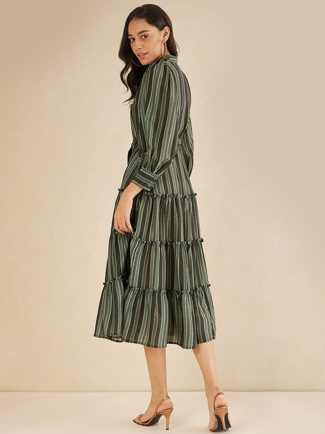 Green Bold Stripes Printed Tiered Maxi Shirt Dress