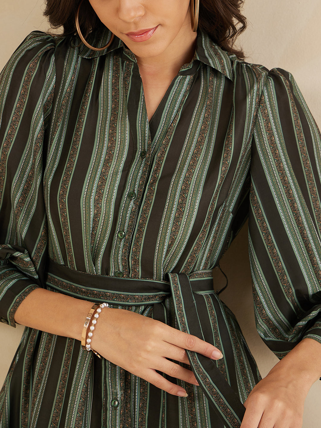 Green Bold Stripes Printed Tiered Maxi Shirt Dress
