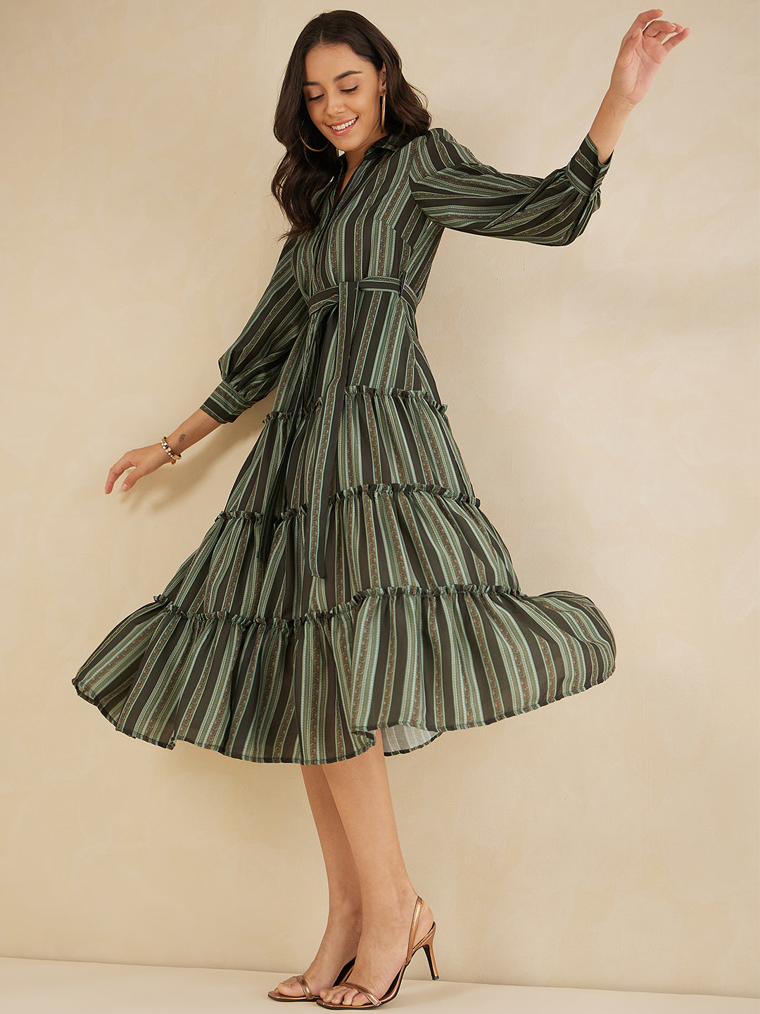 Green Bold Stripes Printed Tiered Maxi Shirt Dress