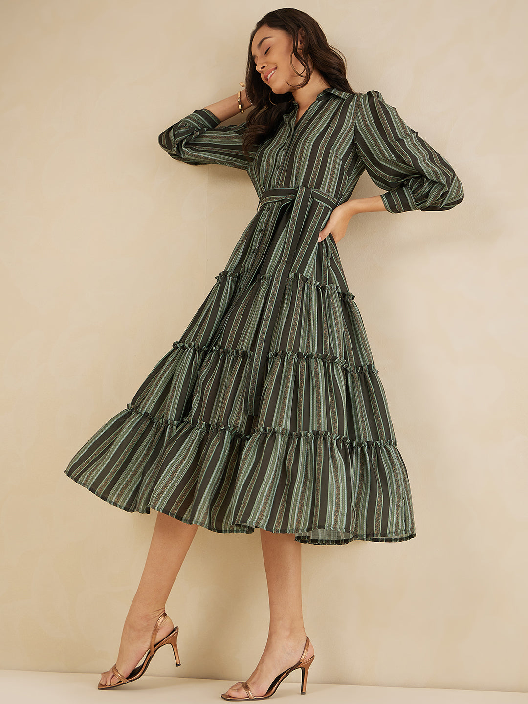 Green Bold  Stripes Printed Tiered Maxi Shirt Dress