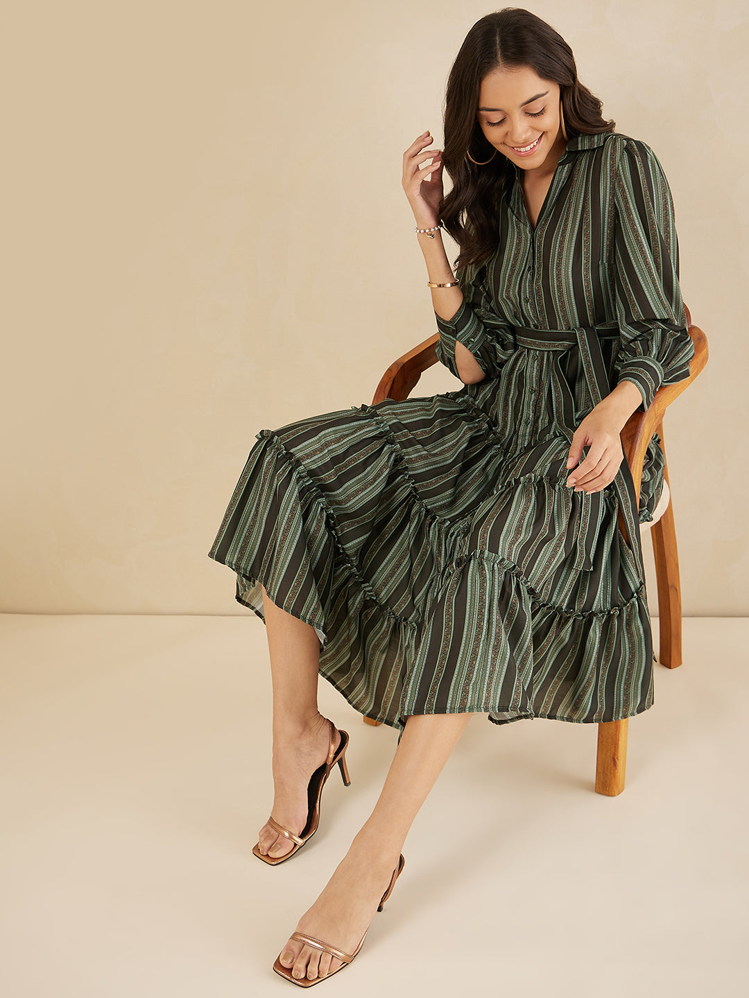 Green Bold Stripes Printed Tiered Maxi Shirt Dress
